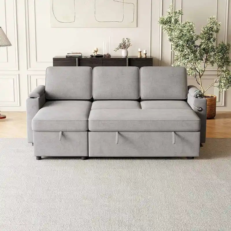 85.8 Upholstery Sleeper Sectional Sofa Pull Out Sofa Bed with Storage Space