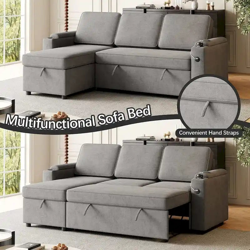 85.8 Upholstery Sleeper Sectional Sofa Pull Out Sofa Bed with Storage Space