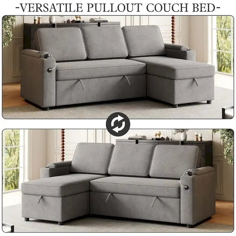 85.8 Upholstery Sleeper Sectional Sofa Pull Out Sofa Bed with Storage Space