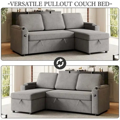 85.8 Upholstery Sleeper Sectional Sofa Pull Out Sofa Bed with Storage Space