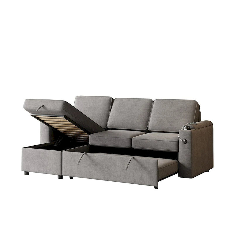85.8 Upholstery Sleeper Sectional Sofa Pull Out Sofa Bed with Storage Space