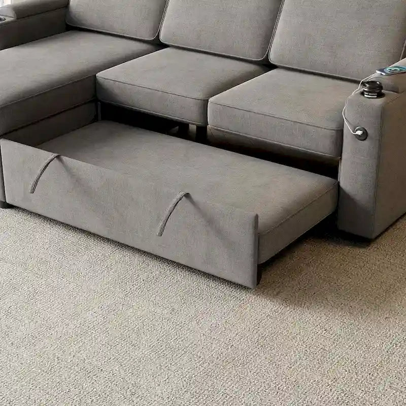 85.8 Upholstery Sleeper Sectional Sofa Pull Out Sofa Bed with Storage Space