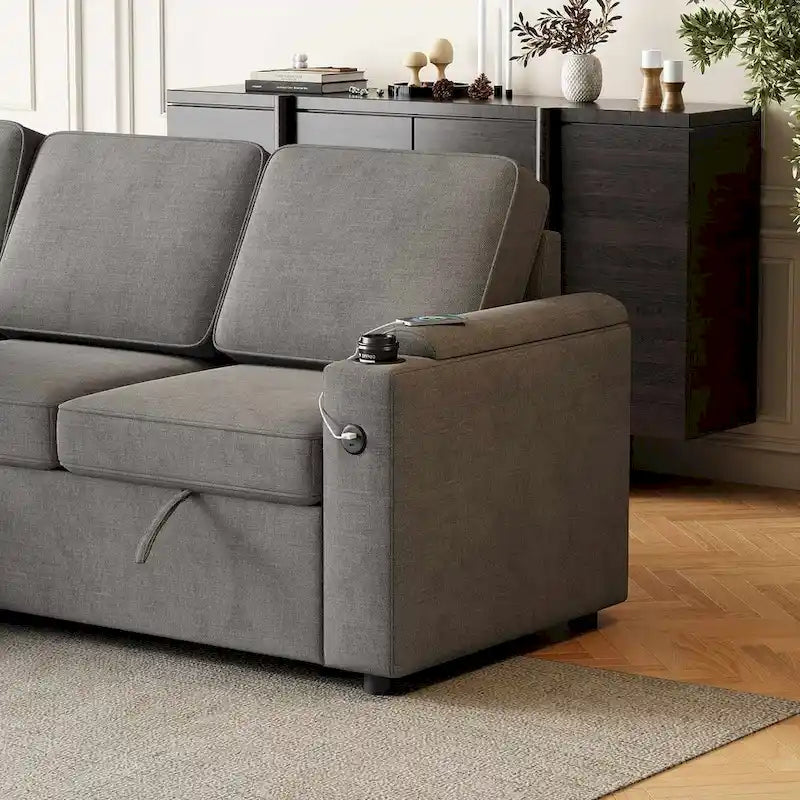 85.8 Upholstery Sleeper Sectional Sofa Pull Out Sofa Bed with Storage Space