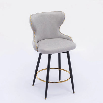 Counter Height Modern Leathaire Fabric Bar Chairs with Swivel and Tufted Gold Nailhead Trim Set of 2