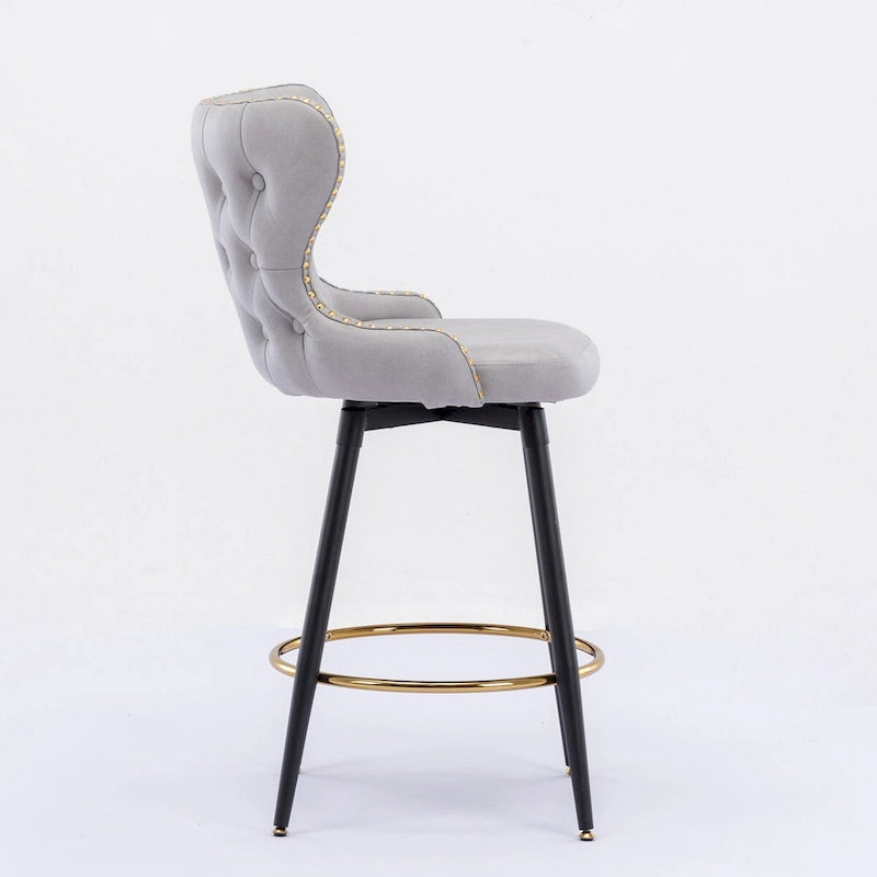 Counter Height Modern Leathaire Fabric Bar Chairs with Swivel and Tufted Gold Nailhead Trim Set of 2