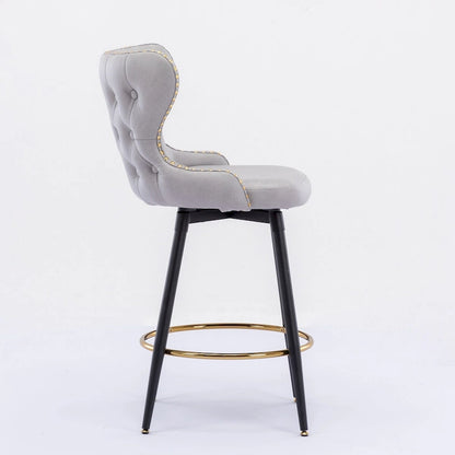Counter Height Modern Leathaire Fabric Bar Chairs with Swivel and Tufted Gold Nailhead Trim Set of 2