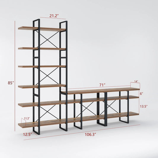Lotus Home Antique Walnut Color Entertainment Media TV Stand with 6-Tier Bookcase - 106.3*14*85 inches