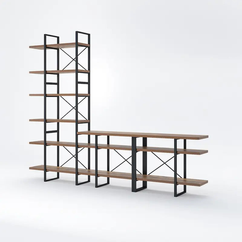 Lotus Home Antique Walnut Color Entertainment Media TV Stand with 6-Tier Bookcase - 106.3*14*85 inches