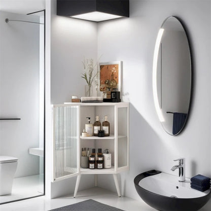 22.25 Floor Coner Cabinet with Tempered Glass Door & Storage Shelves
