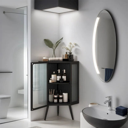22.25 Floor Coner Cabinet with Tempered Glass Door & Storage Shelves