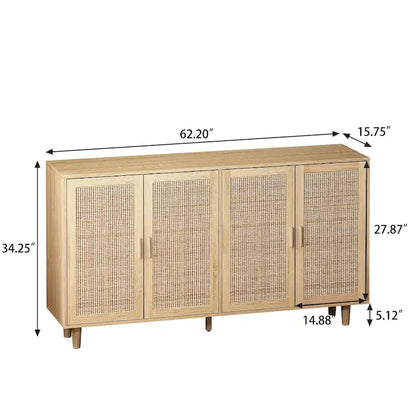 4-door Rattan Decorative Storage Cabinet - 62.2L x 15.75W x 34.25H