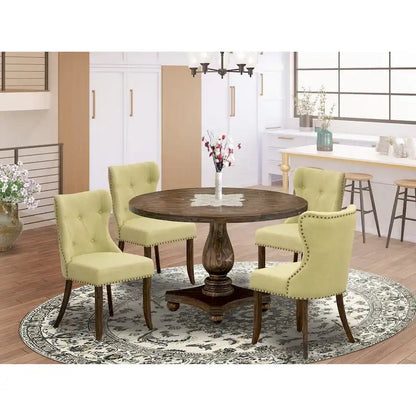 East West Furniture Dining Table Set- a Dining Table & Limelight Linen Fabric Chairs, Distressed Jacobean(Pieces Option)