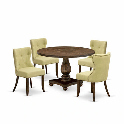 East West Furniture Dining Table Set- a Dining Table & Limelight Linen Fabric Chairs, Distressed Jacobean(Pieces Option)