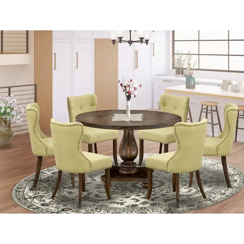 East West Furniture Dining Table Set- a Dining Table & Limelight Linen Fabric Chairs, Distressed Jacobean(Pieces Option)