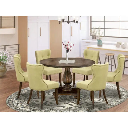 East West Furniture Dining Table Set- a Dining Table & Limelight Linen Fabric Chairs, Distressed Jacobean(Pieces Option)