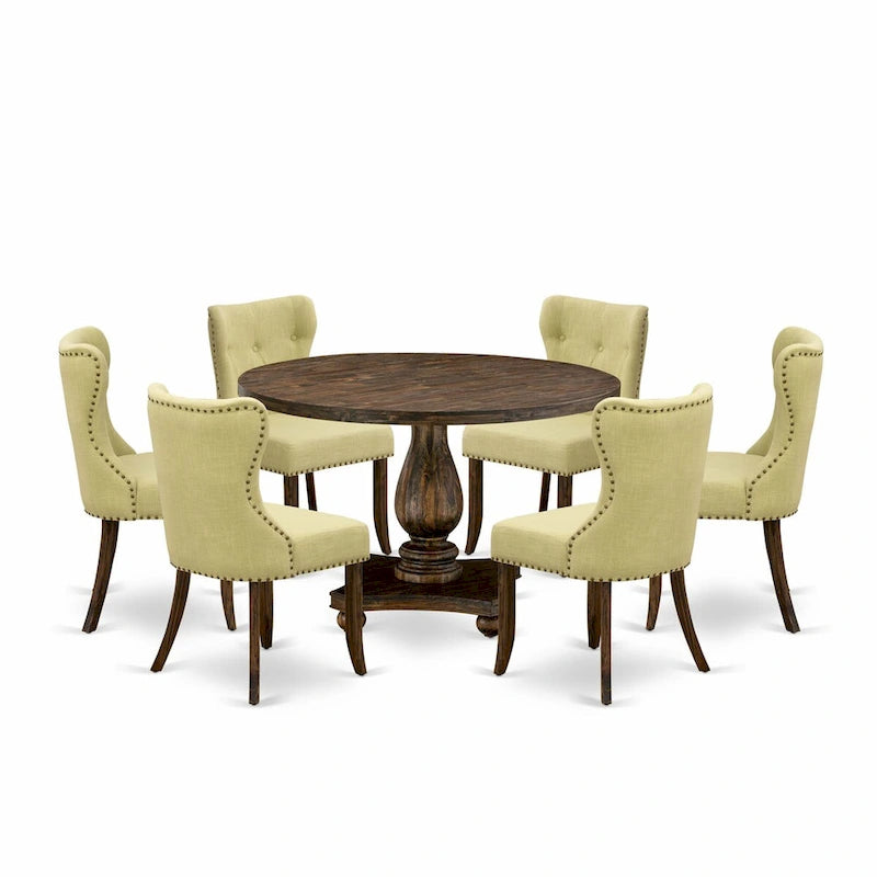East West Furniture Dining Table Set- a Dining Table & Limelight Linen Fabric Chairs, Distressed Jacobean(Pieces Option)