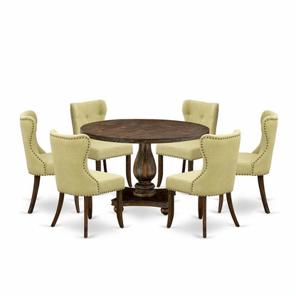 East West Furniture Dining Table Set- a Dining Table & Limelight Linen Fabric Chairs, Distressed Jacobean(Pieces Option)