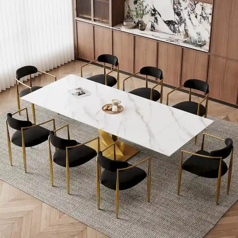 9 - Piece 94.48 Modern Minimalist Extendable Sintered Stone Top Dining Set with 8 Fabric Chair