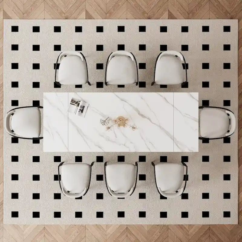 9 - Piece 94.48 Modern Minimalist Extendable Sintered Stone Top Dining Set with 8 Fabric Chair