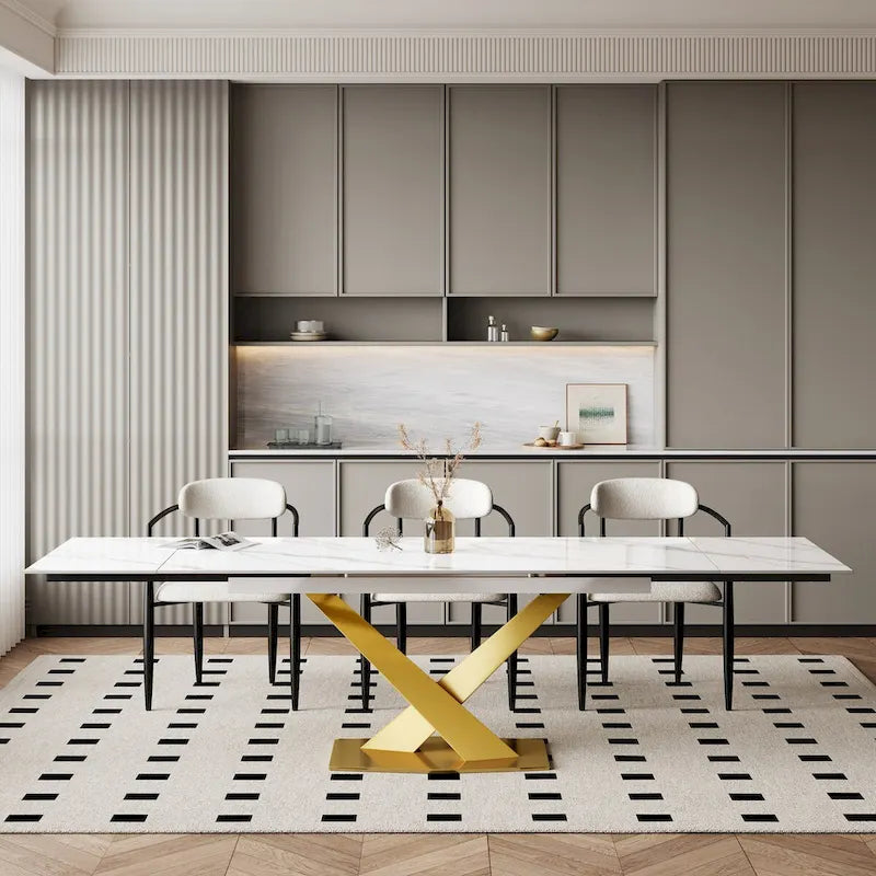 9 - Piece 94.48 Modern Minimalist Extendable Sintered Stone Top Dining Set with 8 Fabric Chair