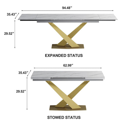 9 - Piece 94.48 Modern Minimalist Extendable Sintered Stone Top Dining Set with 8 Fabric Chair