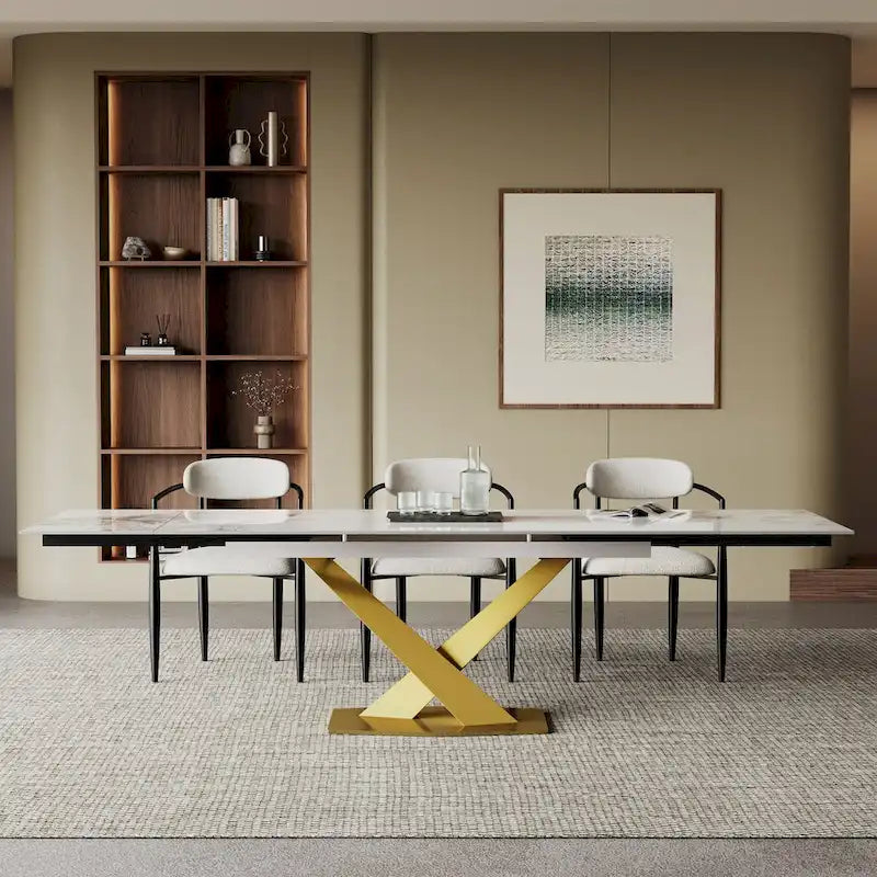 9 - Piece 94.48 Modern Minimalist Extendable Sintered Stone Top Dining Set with 8 Fabric Chair