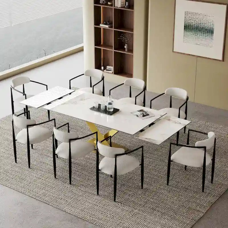 9 - Piece 94.48 Modern Minimalist Extendable Sintered Stone Top Dining Set with 8 Fabric Chair