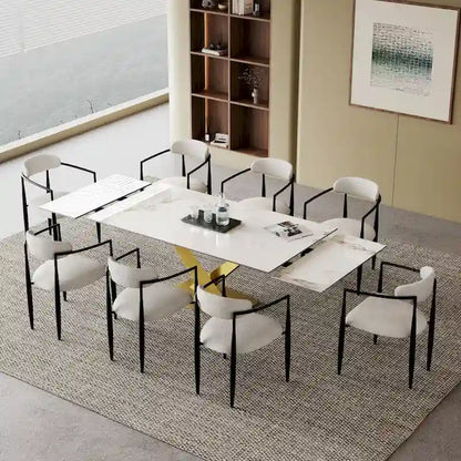 9 - Piece 94.48 Modern Minimalist Extendable Sintered Stone Top Dining Set with 8 Fabric Chair