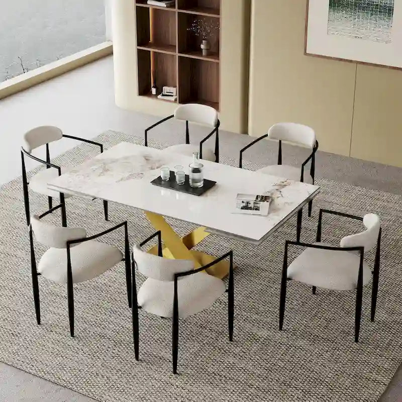 9 - Piece 94.48 Modern Minimalist Extendable Sintered Stone Top Dining Set with 8 Fabric Chair