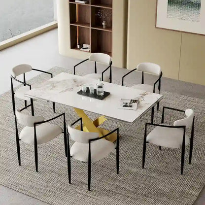 9 - Piece 94.48 Modern Minimalist Extendable Sintered Stone Top Dining Set with 8 Fabric Chair