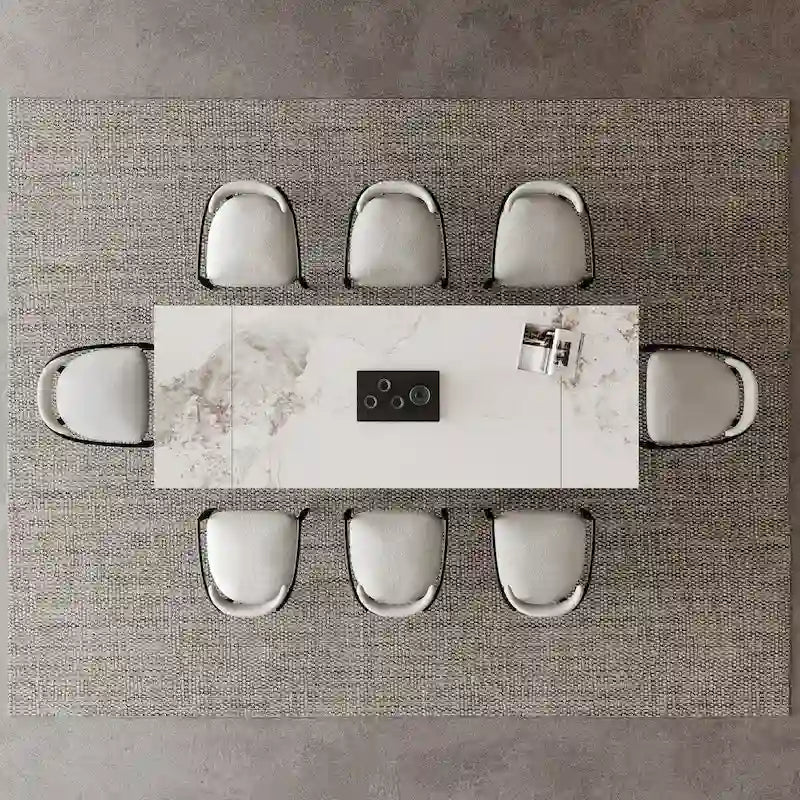 9 - Piece 94.48 Modern Minimalist Extendable Sintered Stone Top Dining Set with 8 Fabric Chair