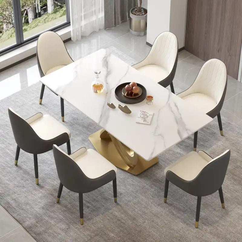 70 White Sintered Stone Dining Table with Stainless Steel Gold Pedestal