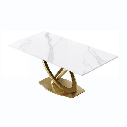 70 White Sintered Stone Dining Table with Stainless Steel Gold Pedestal