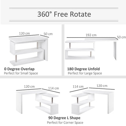 360 Degree Rotating Corner Computer Desk, L Shaped Desk, Home Office Workstation with 3-Tier Storage Shelves, White
