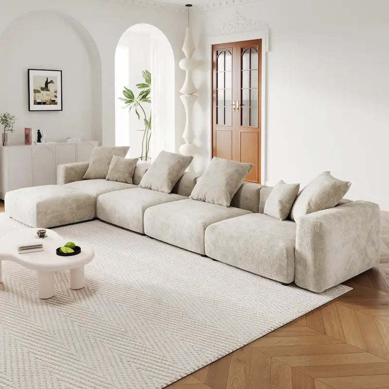 L-Shaped Couch Corduroy Sofa 5-seat Modular Large Sectional Couch with Ottoman for Living Room