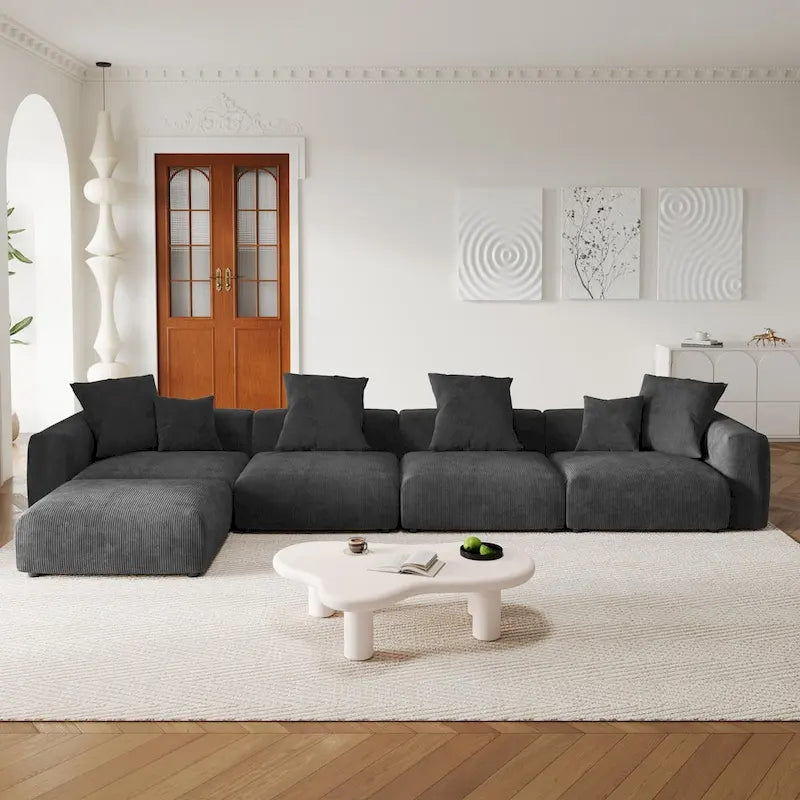 L-Shaped Couch Corduroy Sofa 5-seat Modular Large Sectional Couch with Ottoman for Living Room