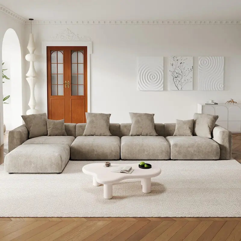 L-Shaped Couch Corduroy Sofa 5-seat Modular Large Sectional Couch with Ottoman for Living Room
