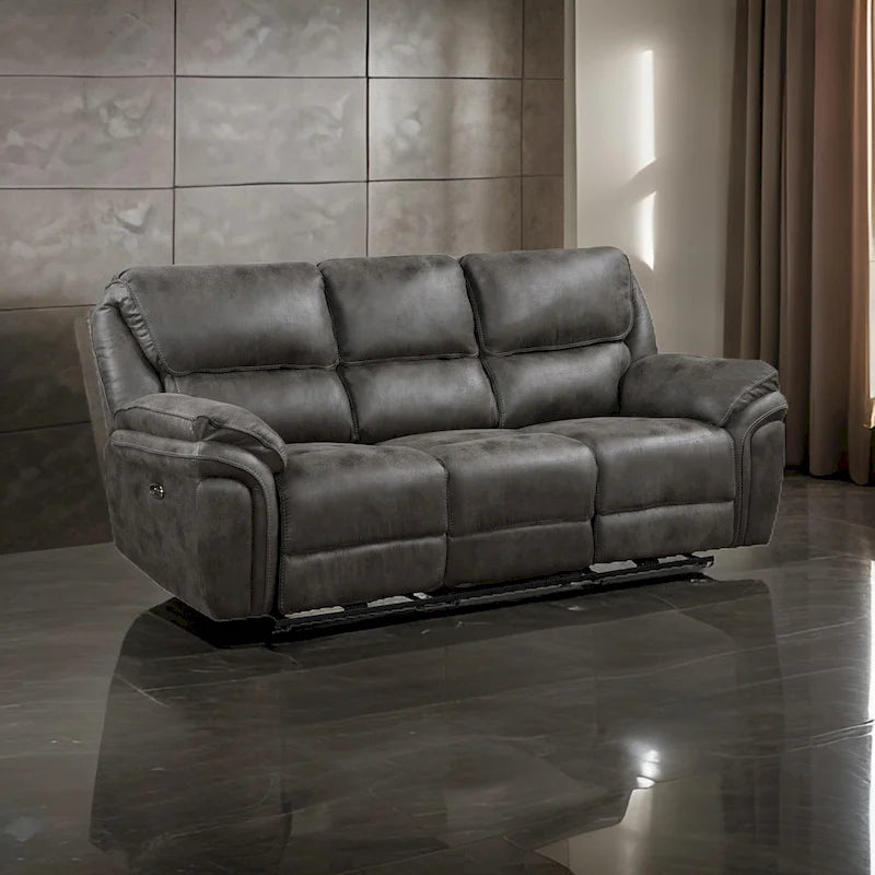 Tony 90 Inch Power Double Recliner Sofa, Gray Microfiber, USB Charging Port