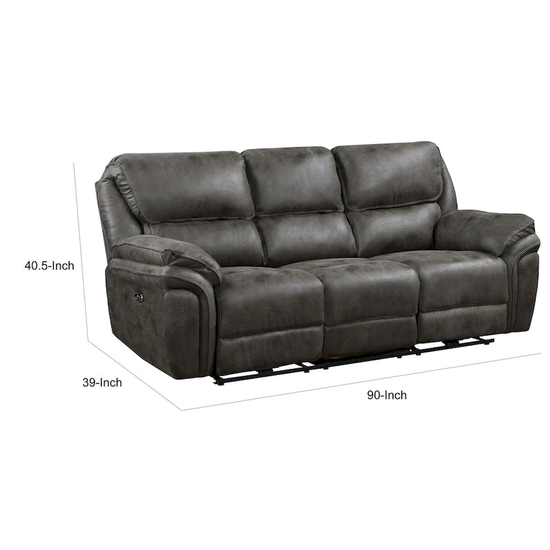 Tony 90 Inch Power Double Recliner Sofa, Gray Microfiber, USB Charging Port