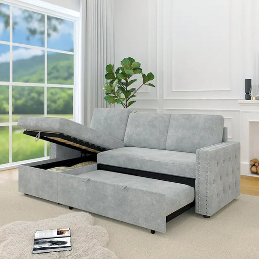 Convertible Sofa Bed with Storage Chaise, Chenille-Light Gray