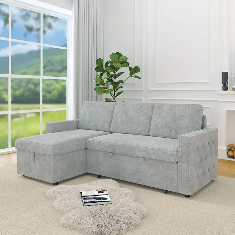 Convertible Sofa Bed with Storage Chaise, Chenille-Light Gray