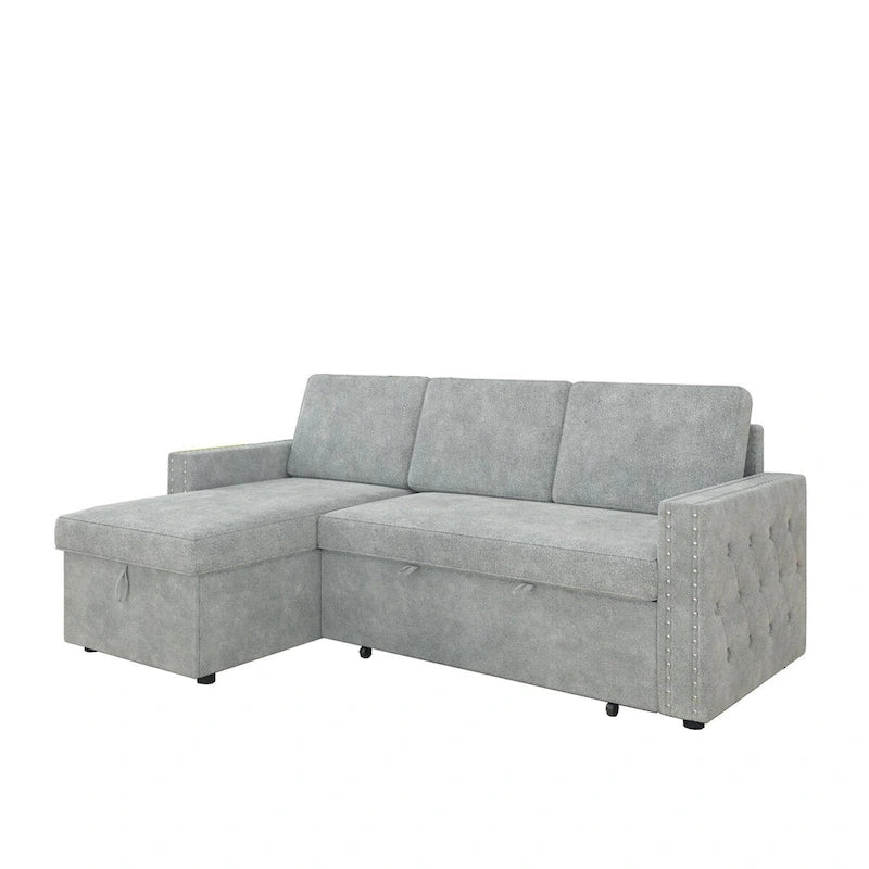 Convertible Sofa Bed with Storage Chaise, Chenille-Light Gray
