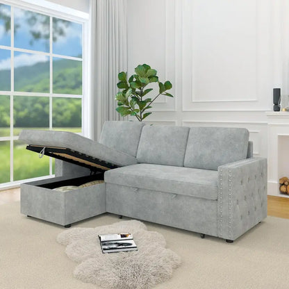 Convertible Sofa Bed with Storage Chaise, Chenille-Light Gray