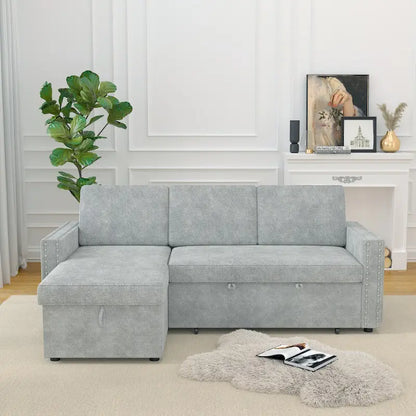 Convertible Sofa Bed with Storage Chaise, Chenille-Light Gray