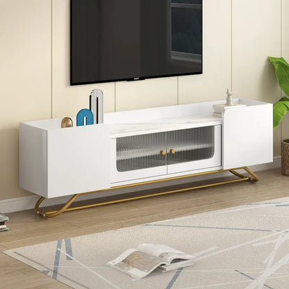TV Stand with Fluted Glass,Entertainment Center for TVs Up to 70,Faux Marble Top TV Console Table with Gold Frame Base