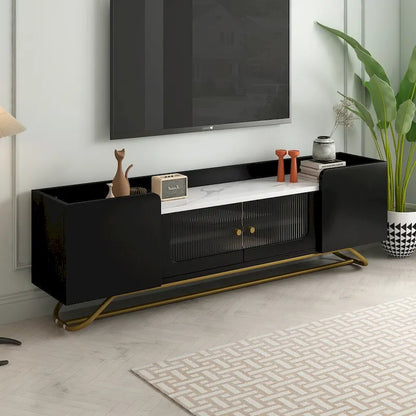 TV Stand with Fluted Glass,Entertainment Center for TVs Up to 70,Faux Marble Top TV Console Table with Gold Frame Base