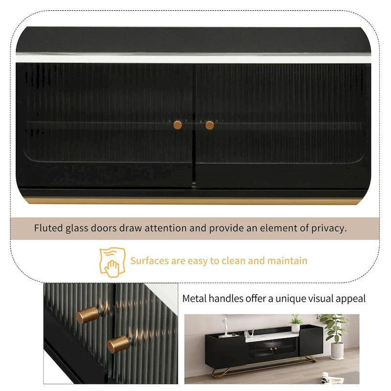 TV Stand with Fluted Glass,Entertainment Center for TVs Up to 70,Faux Marble Top TV Console Table with Gold Frame Base