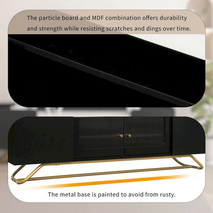 TV Stand with Fluted Glass,Entertainment Center for TVs Up to 70,Faux Marble Top TV Console Table with Gold Frame Base