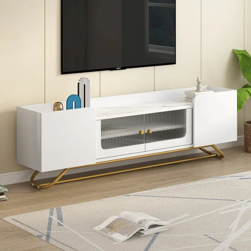 TV Stand with Fluted Glass,Entertainment Center for TVs Up to 70,Faux Marble Top TV Console Table with Gold Frame Base