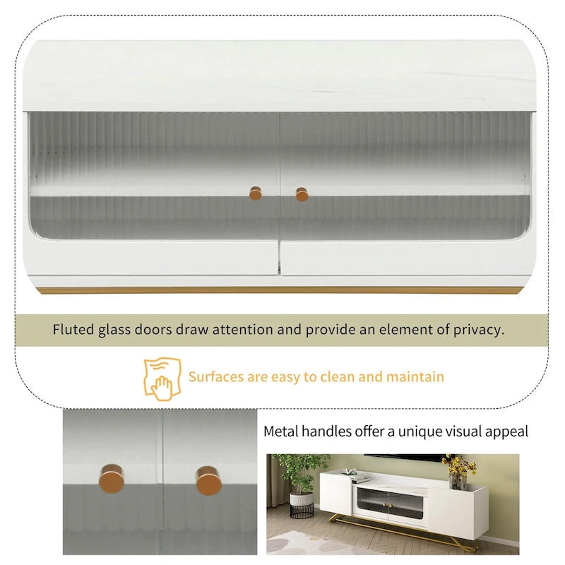 TV Stand with Fluted Glass,Entertainment Center for TVs Up to 70,Faux Marble Top TV Console Table with Gold Frame Base